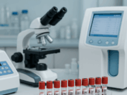 Що показує біохімічний аналіз крові та чому він такий важливий Пробірки з зразками крові на лабораторному столі поруч з мікроскопом та аналізатором